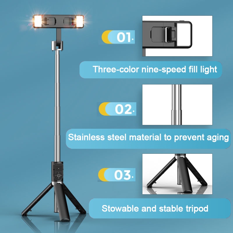 Purpose Must 1 M Length Selfie Stick Tripod Wireless Bluetooth Remote 3 Colors LED Fill Light - Image 2