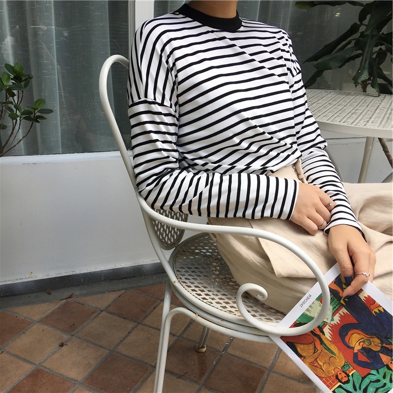 ☀️Ready StockWomen Striped Shirt Slim Korean Style Casual Student Long Sleeve T-shirt