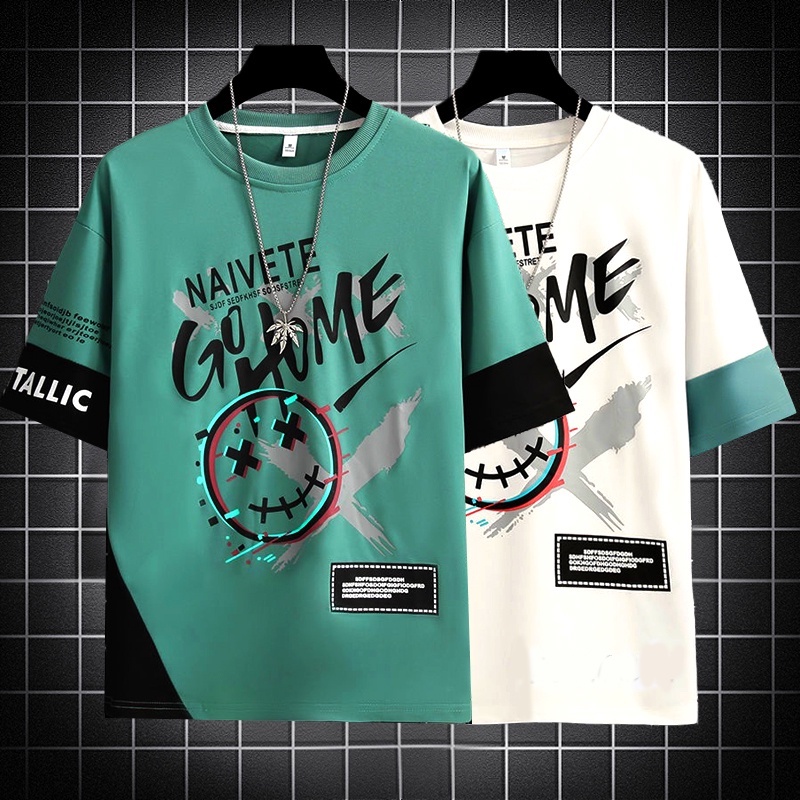 M-5XL Summer Korean Style Men T Shirt Fashion All-match T Shirt Trend Smiley Face Stitching Short-sleeved T Shirt Men  Top Baju T Shirt Lelaki