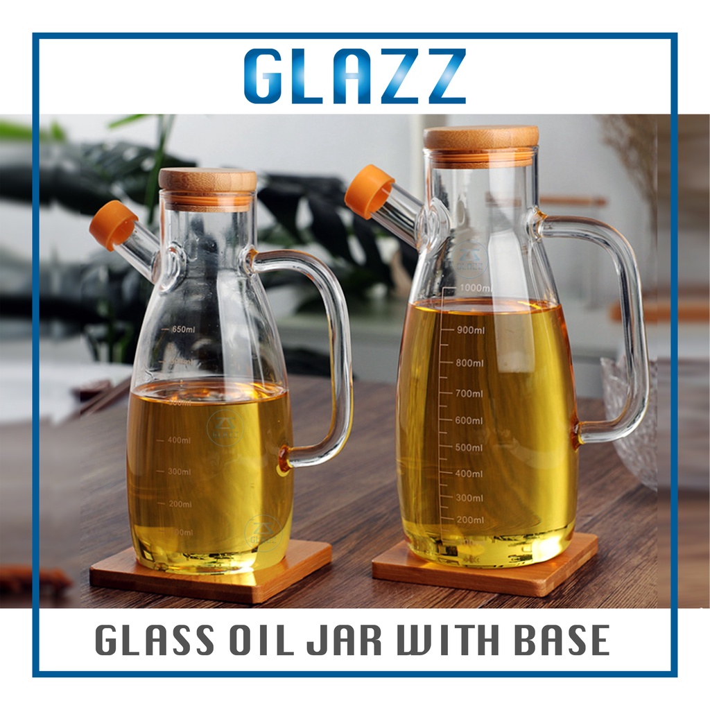 GLAZZ Seasoning Olive Oil Bottle Sauce Vinegar Minyak Masak 1kg Food Grade Measuring Glass with Bamboo Lid & Cap