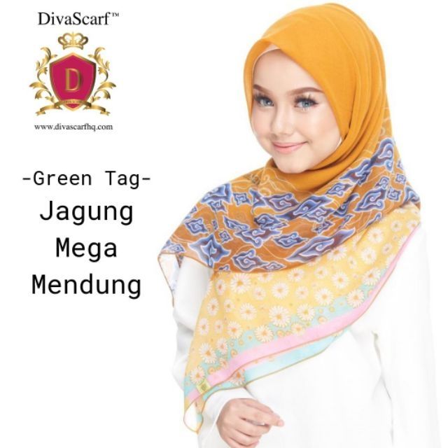 Green Tag Bawal Jagung Mega Mendung Tudung Bawal Printed Corak Dua Gaya DivaScarf Ready Stock