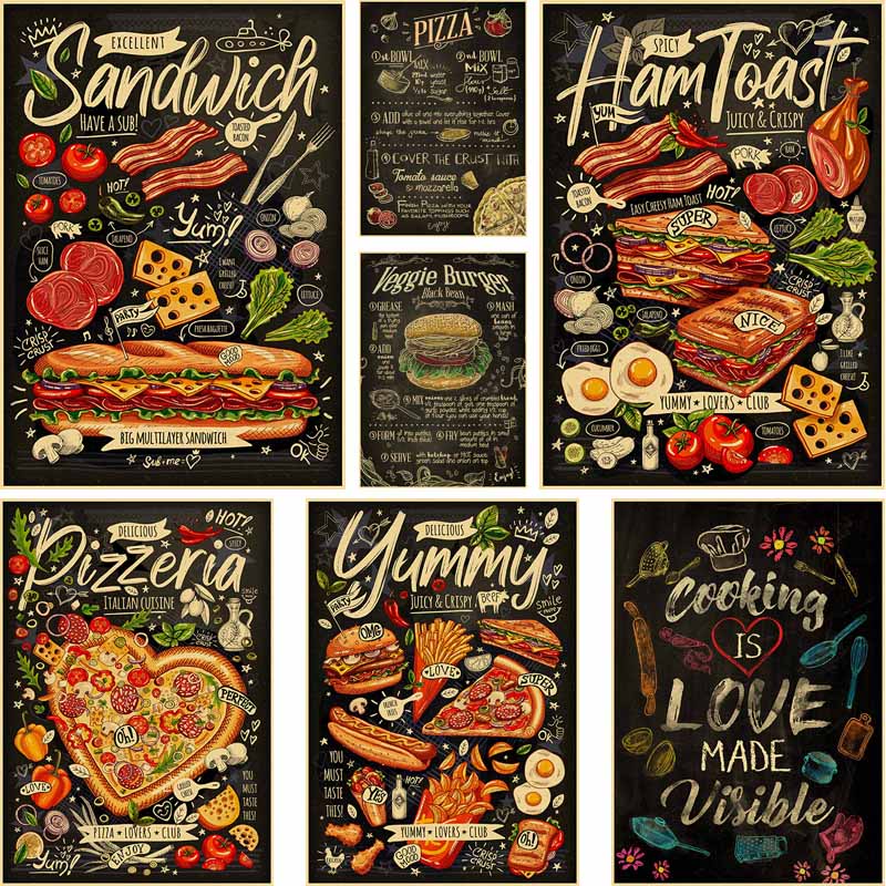 42X30CM Restaurant Kitchen Wall Art Decor Kraft Paper Retro Painting Posters Fries Burger Pizza Design Pictures for Home Room Decoration