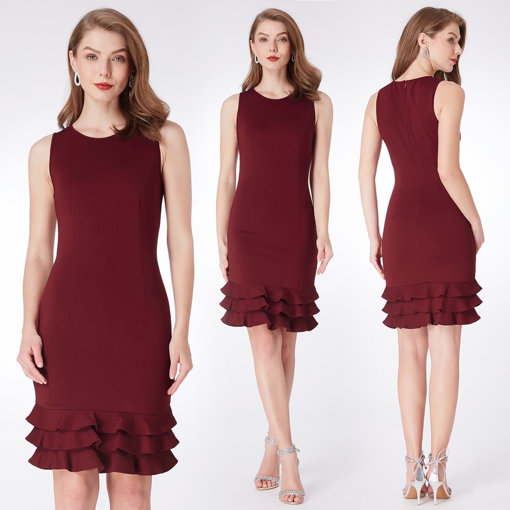 Red Round Neck Ruffles Wedding Guest Evening Dinner Formal Gown