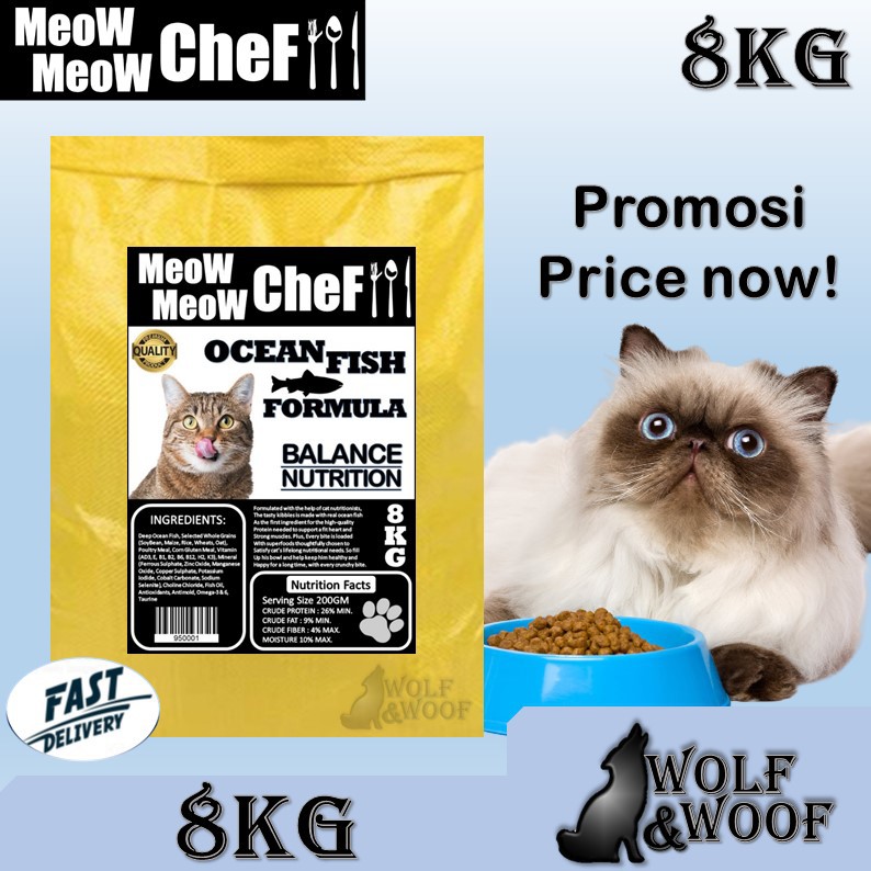 (NO COLOR) Meow Meow CheF Ocean Fish Premium Cat Food 8kg - (Makanan Kucing  Murah, Makanan Kucing Biscuit Offer)