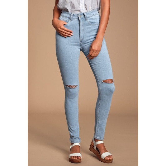 shopee: women's RIP denim skinny jeans pant (0:4:Color:Light blue;1:6:Size:34)