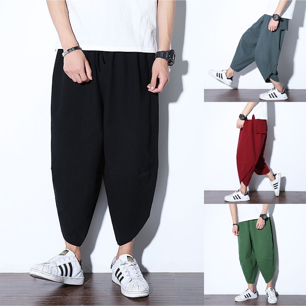 mens solid color baggy loose drawstring casual cotton harem pants