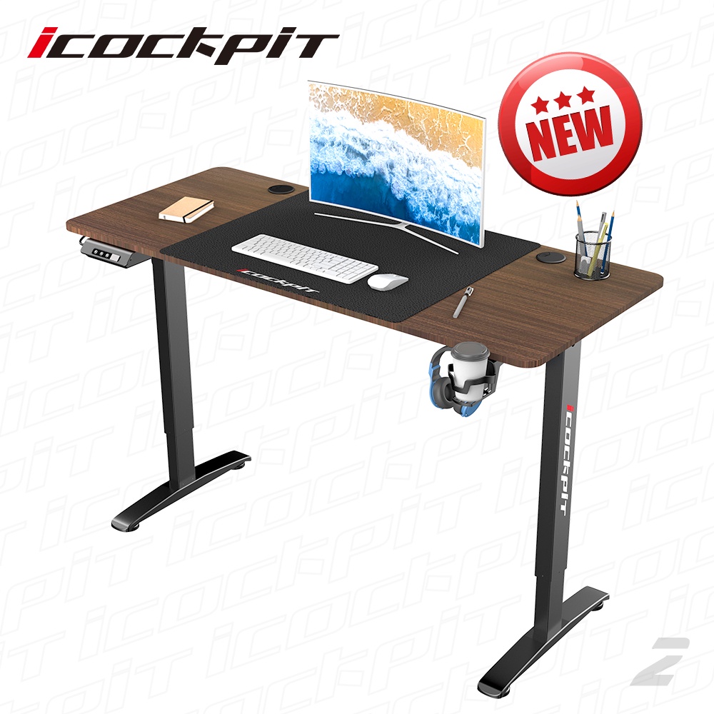 shopee: Home office sitting upright desk electric height adjustable vertical desk game table with cup holder with earphone hook (0:0:颜色:Walnut texture;:::)