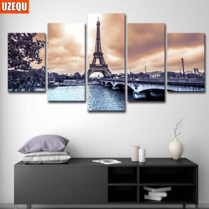 5 Pcs Modern Wall Art Eiffel Tower Canvas Painting Picture For Living Room Decor