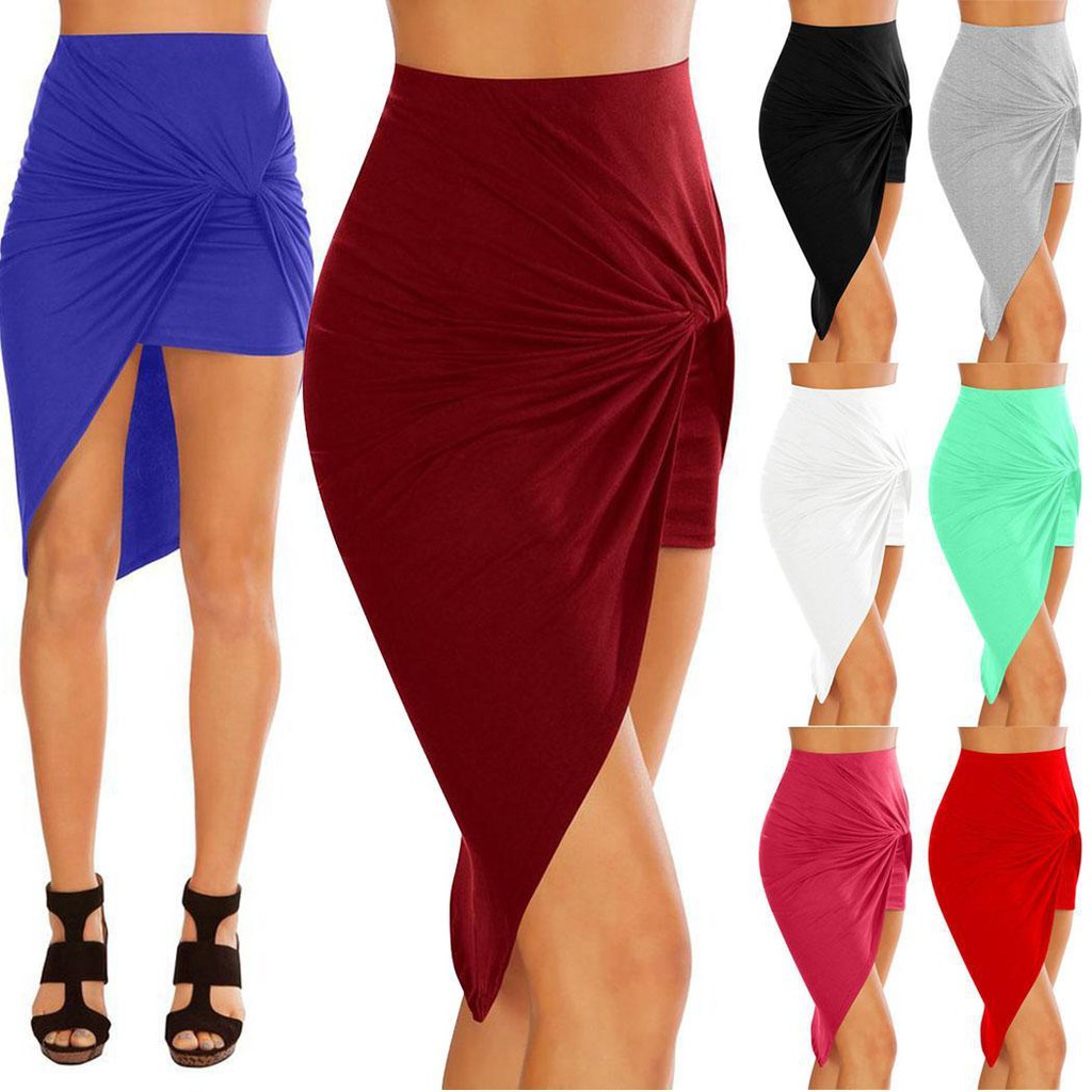 Womens Asymmetrical Short Pencil Skirt Mini Drape Up Stretchy