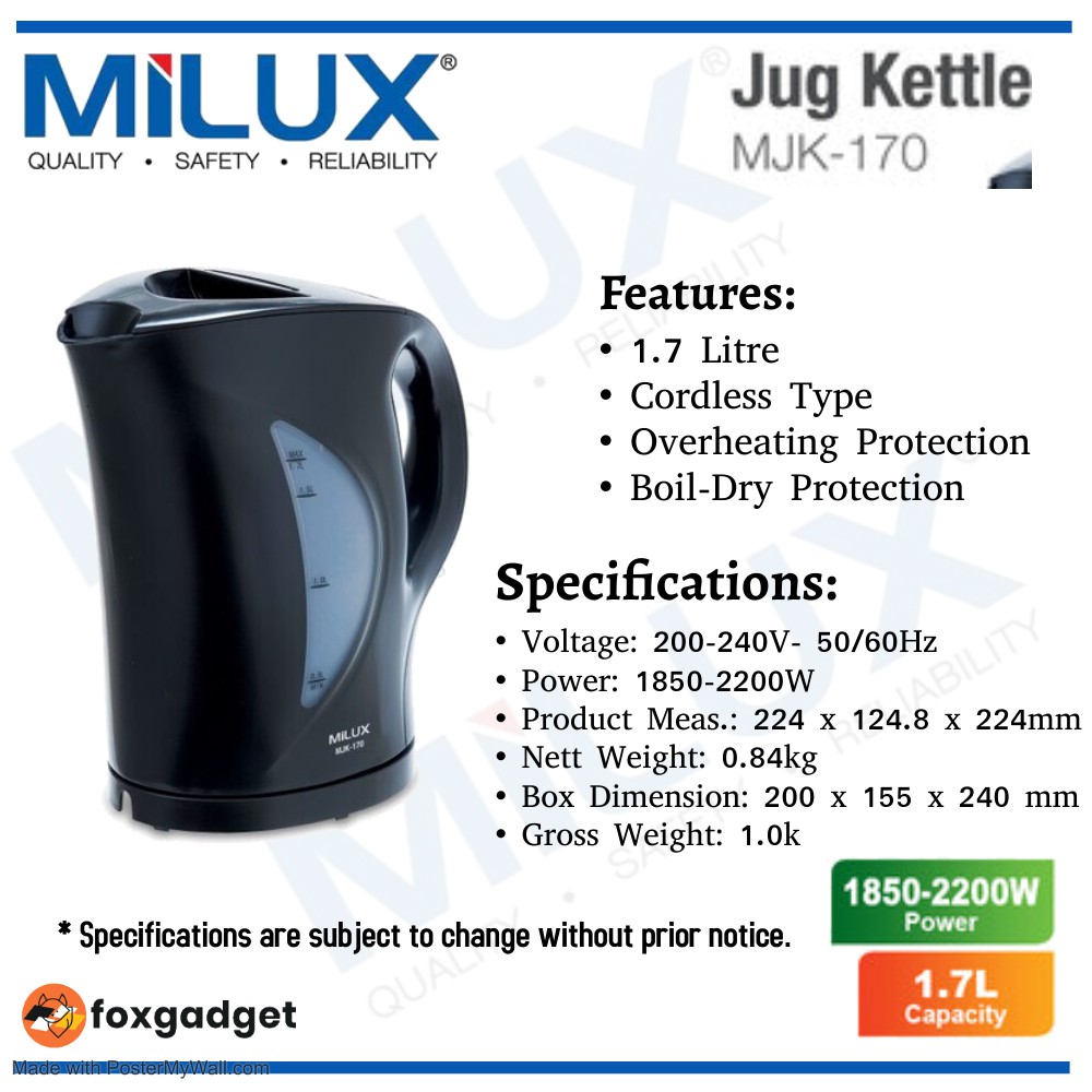 MILUX (MJK-170) -  1.7 L -  CORDLESS ELECTRIC JUG KETTLE - 100% ORIGINAL PRODUCT - READY STOCK