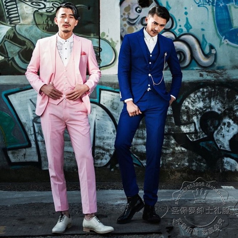 3 In 1 Men's Pink Royal Blue Groom Wedding Formal Business Suits Wear