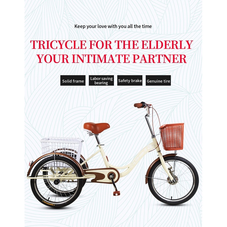 20 inch New Old Man Tricycle Elderly Walking Car Rickshaws Bike Chain Adult Bicycle Courier Transport Orang Tua Basket