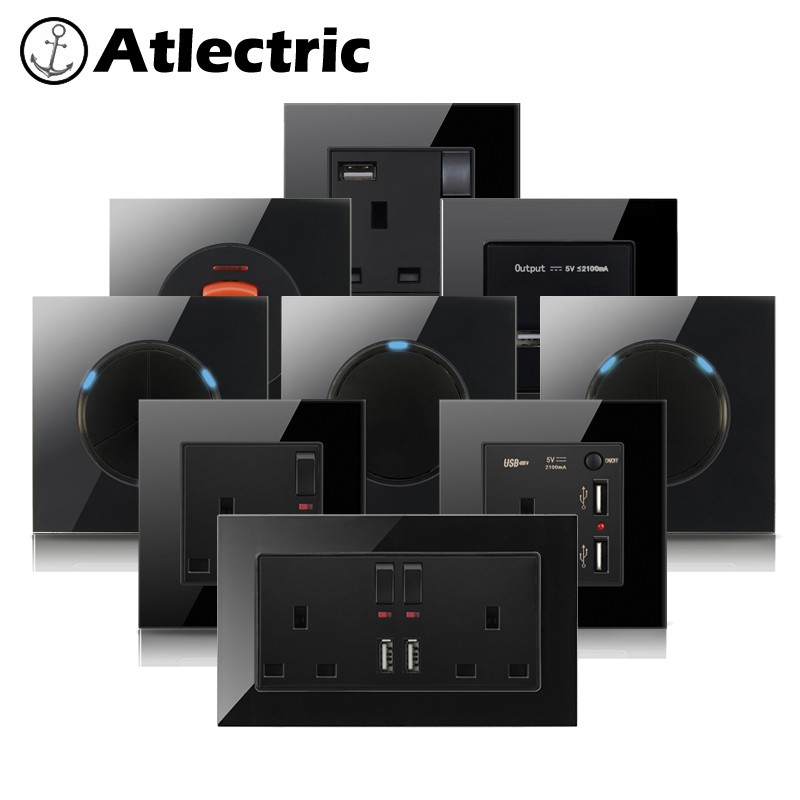 💥Atlectric UK Power Socket Wall Electrical Plug Socket Light Switch Black Tempered Glass with