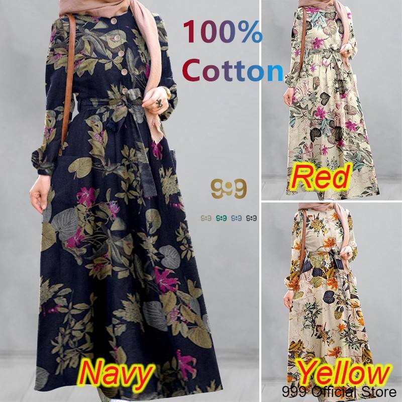 5XL 4XL 3XL XXL XL 100% Cotton Jubah Muslimah Labuh Moden Saiz Besar Lengan Panjang Pakaian Wanita Set Baju One Piece Cantum Perempuan Oversize Loose Plus Size For Women Lady Big Casual Long Dress Elegant Modern Basic Gamis Cantik Murah Viral Biru Floral