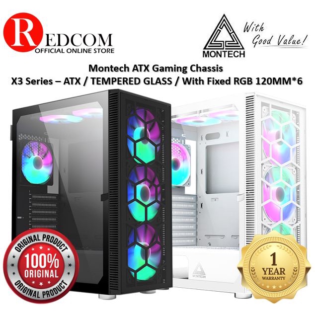 Montech X3 Glass ATX PC Chassic / With 6 LED Rainbow Fan [ BLACK ...