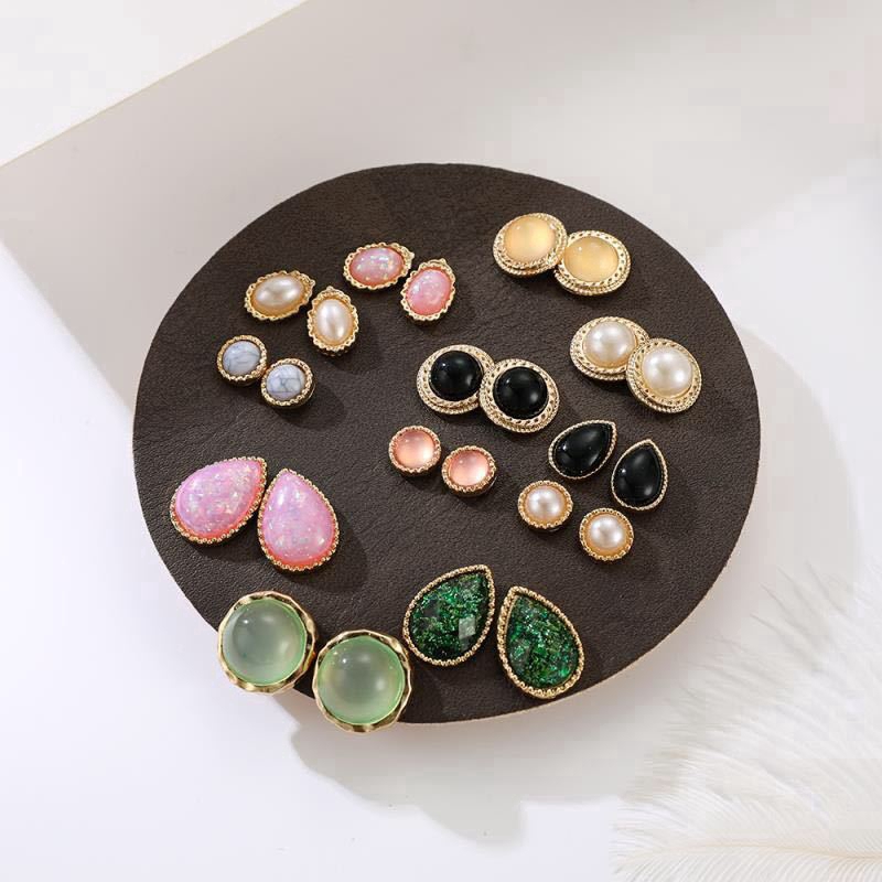 12 Pairs/set Earring Geometric Resin Round Ear Stud Earrings Set Women Jewelry_voghion.com