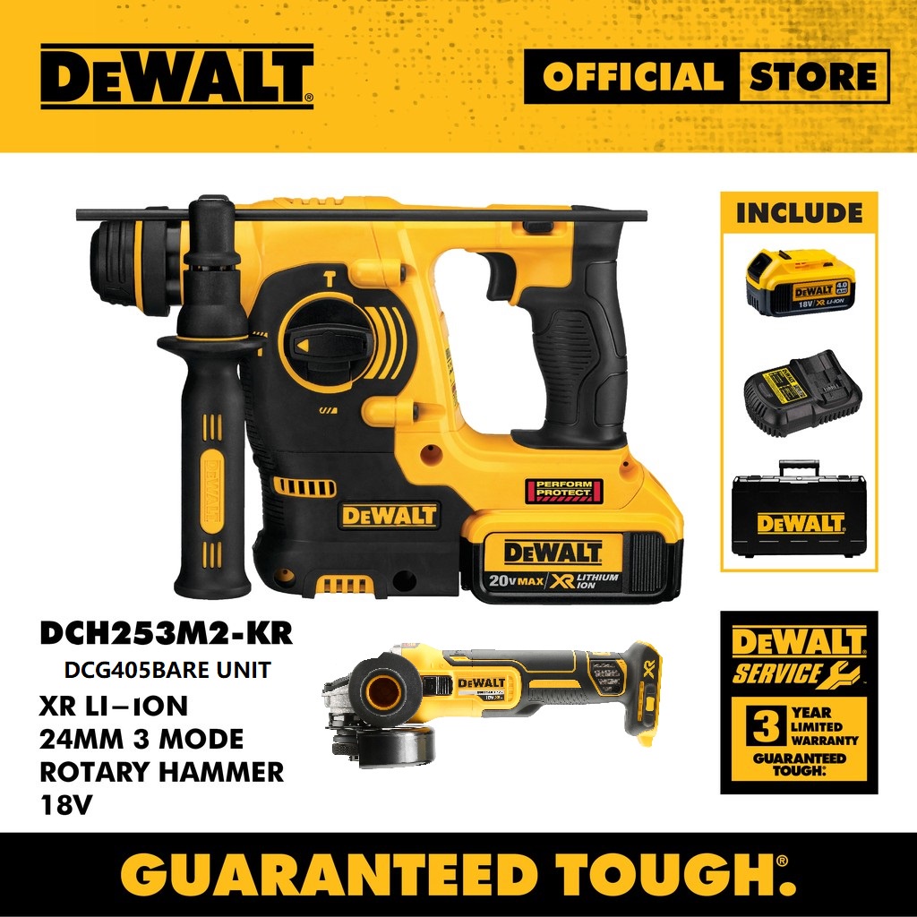 DEWALT DCH253M2-KR Li-ion 3 Mode Rotary Hammer (24mm/18V)+DCG405 ...