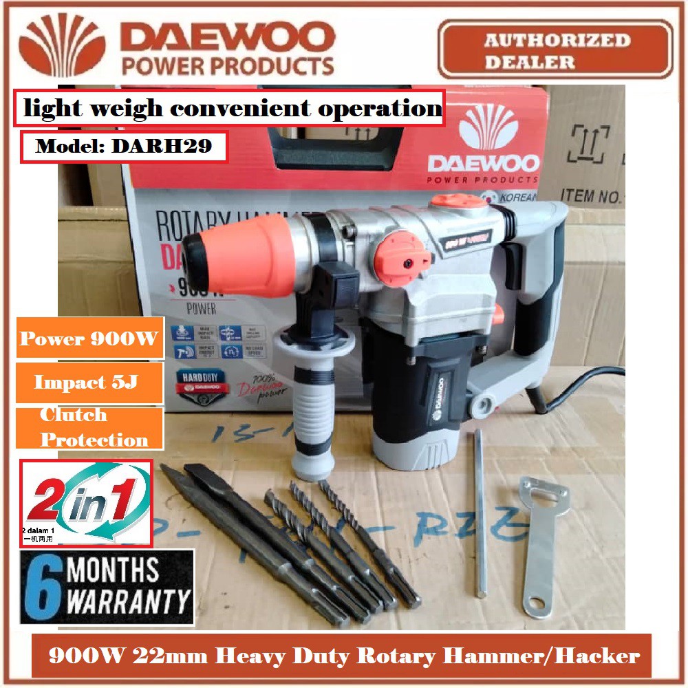 DAEWOO 900W 2in1(Hammer Drill/Hacking) Rotary Hammer DARH29 - 5J Impact - Brand From KOREA - 6 Months Local Warranty -