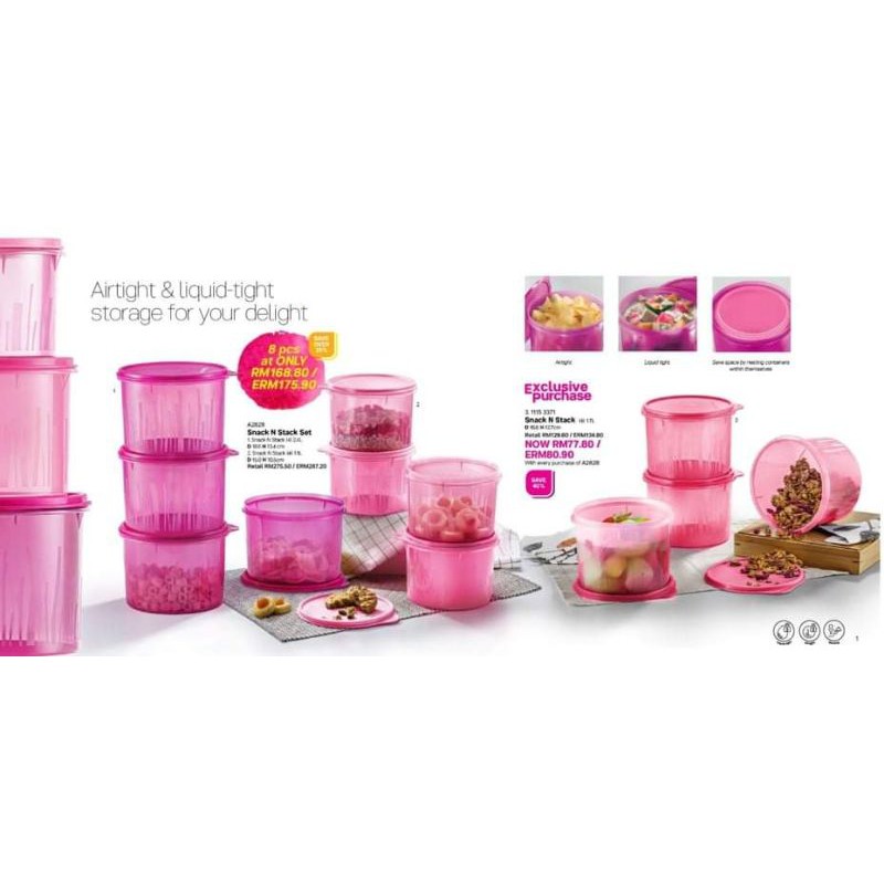 READY STOCK【12pcs=1.1L*4+1.7L*4+2.4L*4】Tupperware Snack N Stack Set 1.1L 1.7L 2.4L