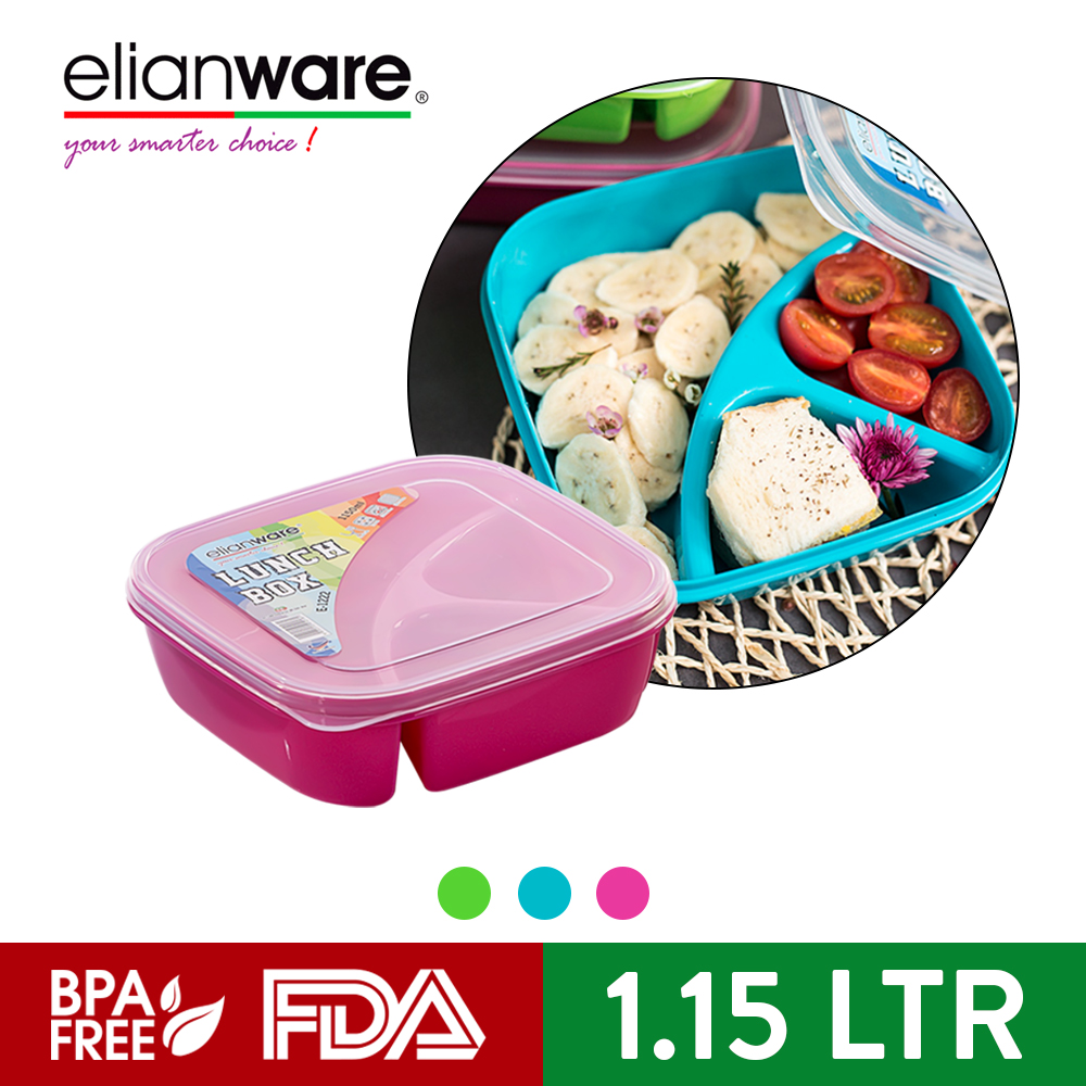Elianware 1.15L 3 Compartment Divided Lunch Box Food Container Microwavable