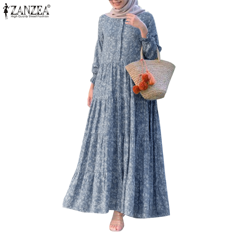 ZANZEA Women Casual Long Sleeve Printed Tiered Muslim Long Dress #1