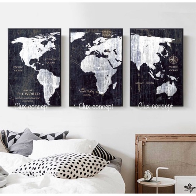 Black And White Map Canvas Set Of 3 With Framed) Black & White Retro World Map Canvas Printing Wall  Poster For Living Hall | Shopee Malaysia