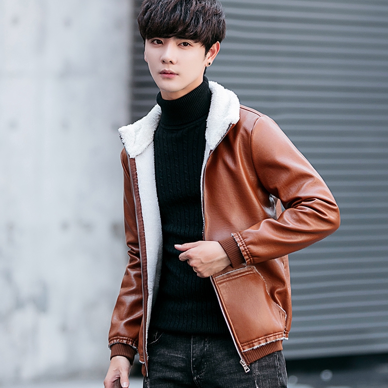 Fur onepiece jacket for men Slim Korean leather jacket male leather
