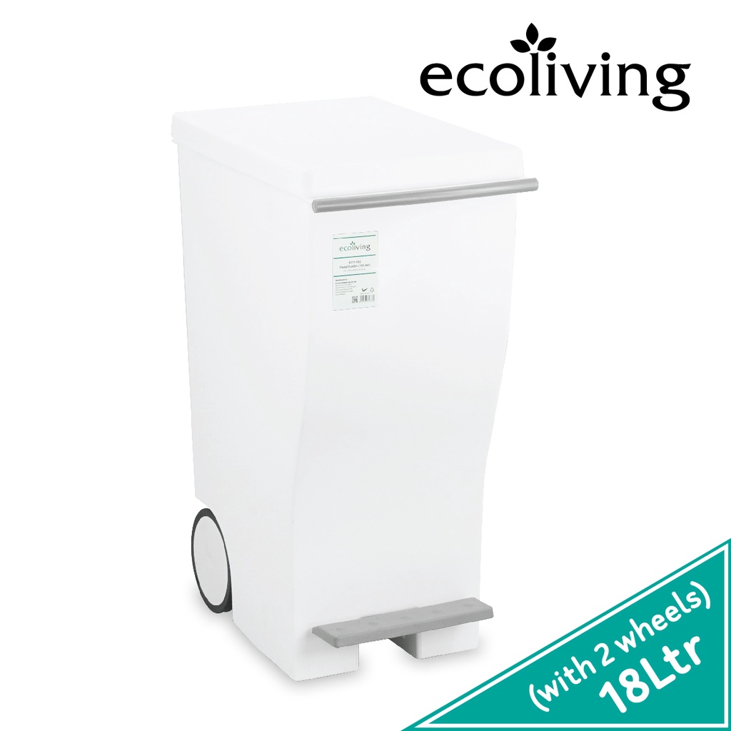 ECO LIVING 18Ltr Rect. Step Foot Pedal Space Save Rubbish Dustbin W/2 Rolling Wheels & Handle,Tong Sampah Bin,ECO-192