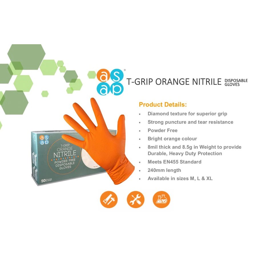 Orange Disposable Raised Textured Grip Large - Case of 500 ASAP T-Grip Nitrile Powder Free Industrial Multi-Purpose Gloves 7 mil 