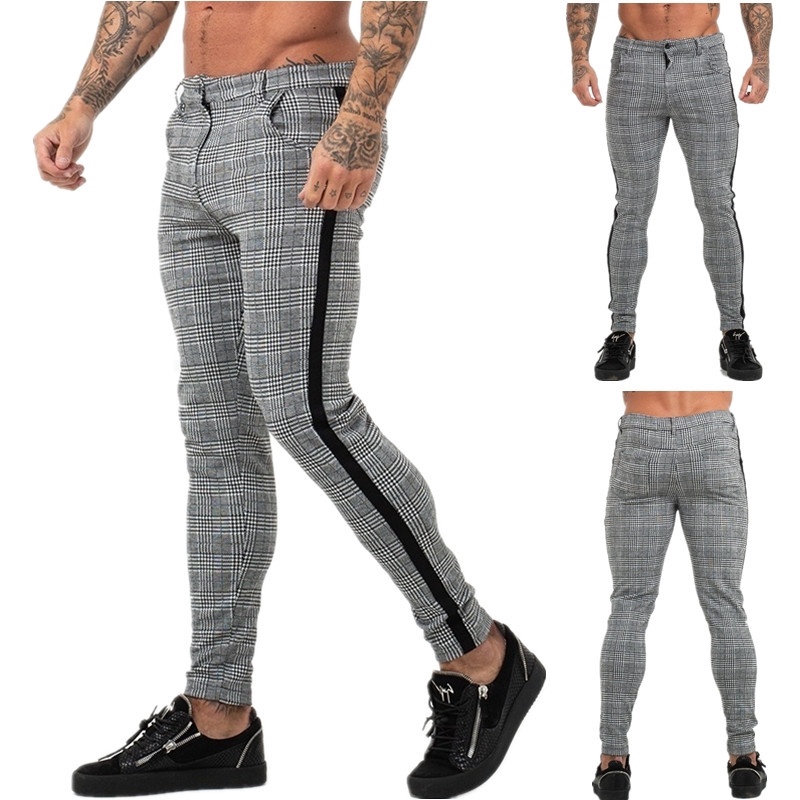 plaid pants men slim