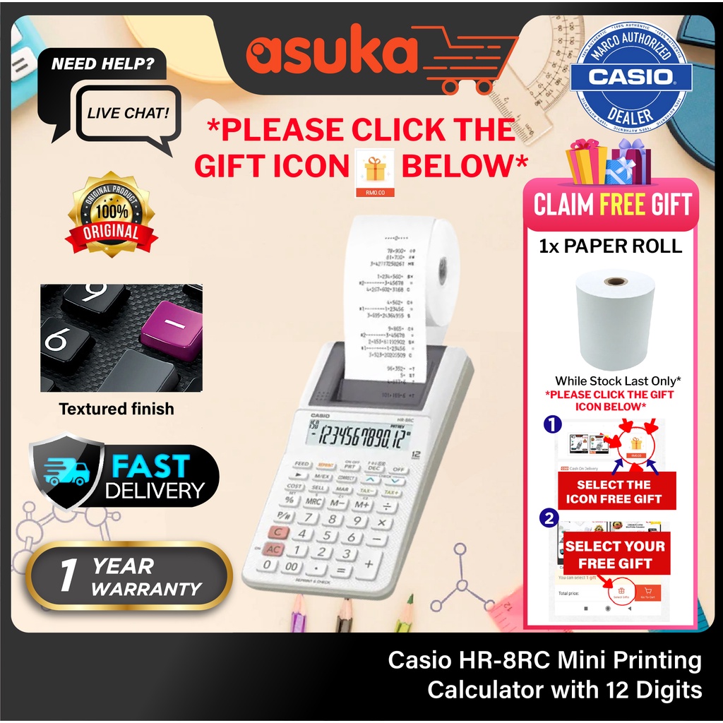 Casio HR8RC Mini Printing Calculator with 12 Digits Type