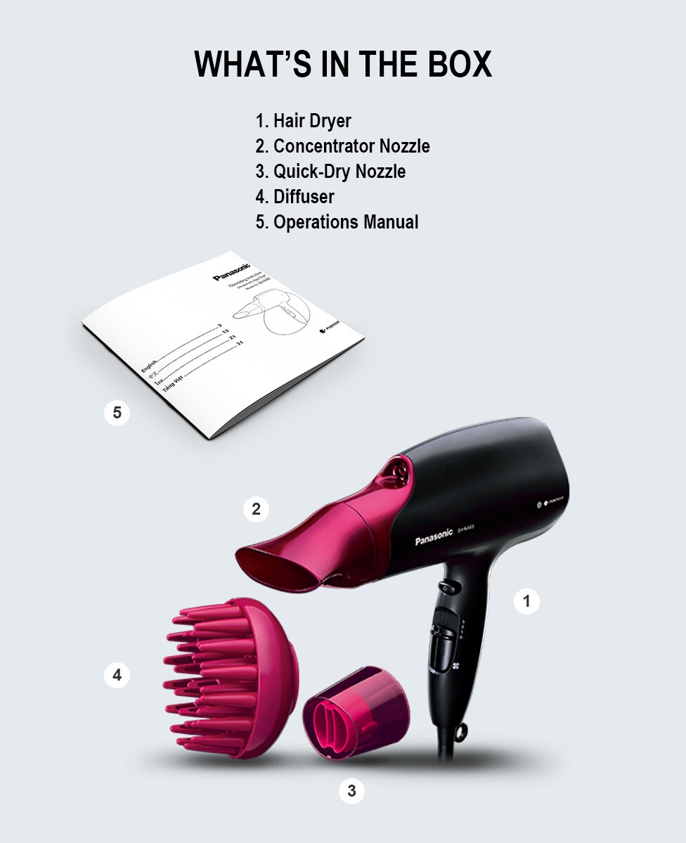 Panasonic 2000W EHNA65 nanoe Hair Dryer with various attachments