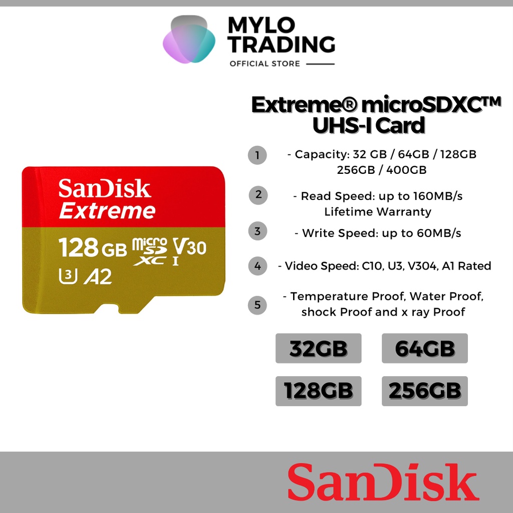 Sandisk Memory Card Extreme Micro Sd Card 100mb 160mb S U3 4k Class 10 128gb 64gb 32gb 256gb Shopee Malaysia