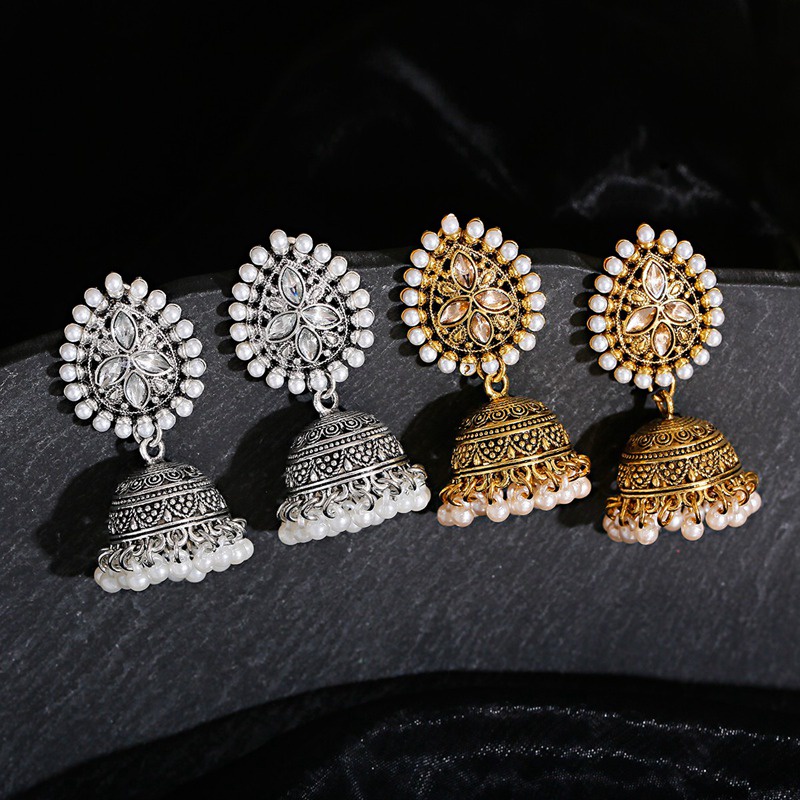 Vintage Gold Silver Bollywood Oxidized Women Pearl Tassel Jhumka Dangle Earring 
