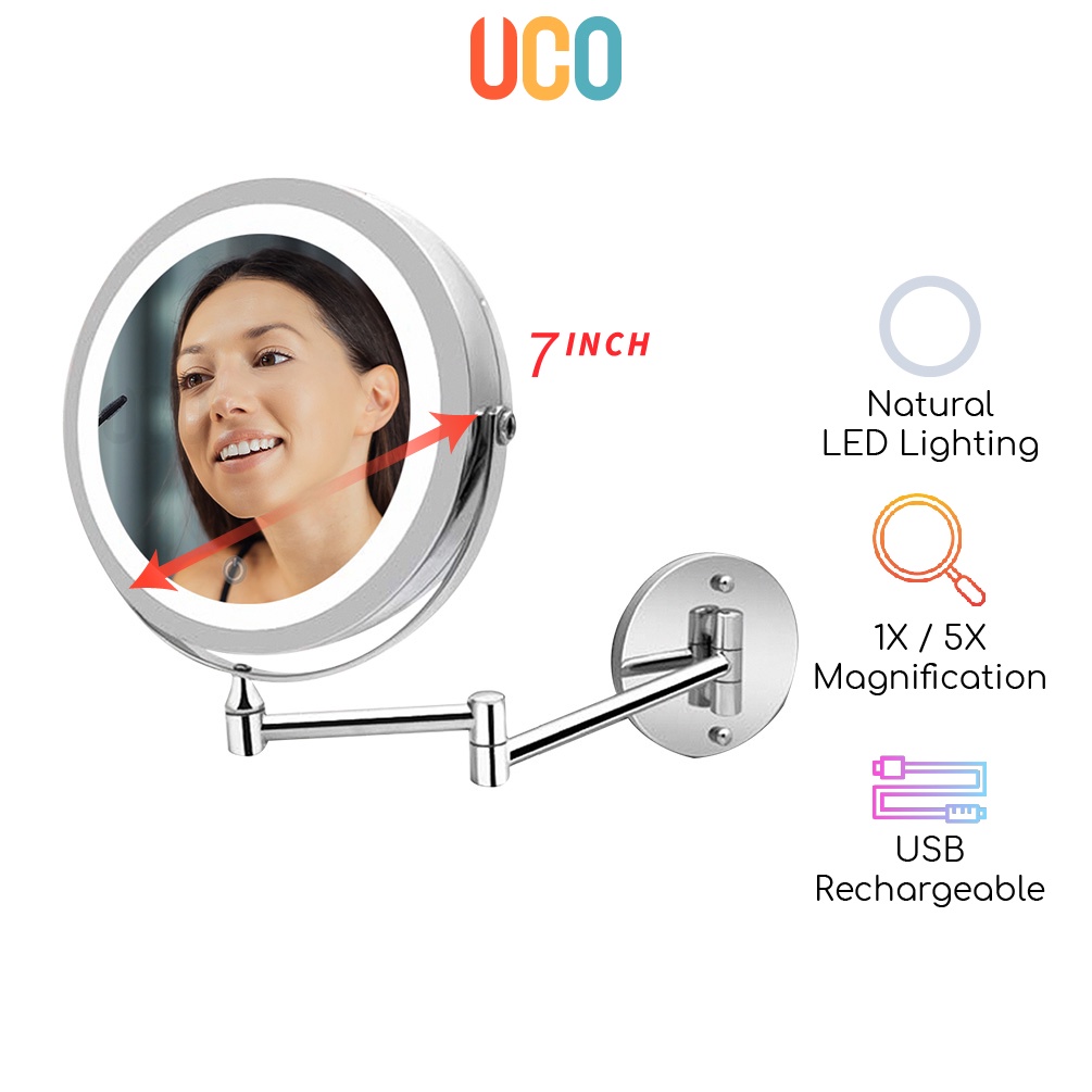 Wall Mount Mirror 5X/1X Magnify 7" LED Makeup Mirror with Extension Arm