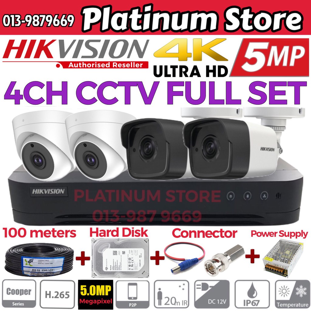 HIK HIKVISION 5MP Full Set 4-CHANNEL HD 4K 1920P CCTV 4CH DVR + Camera ...