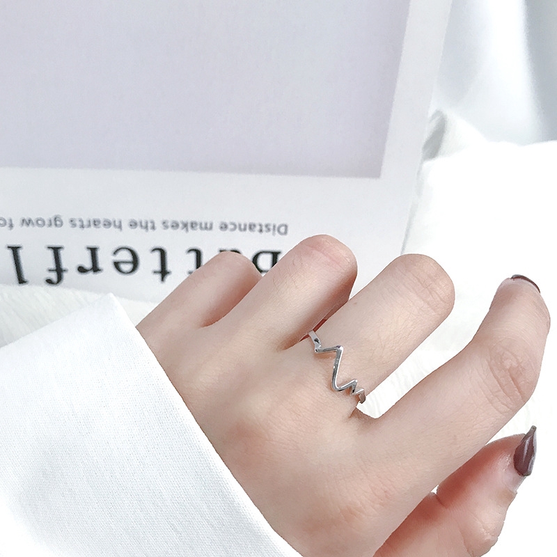 Cincin Korea Silver Heartbeat Finger Ring Charm Wave Adjustable Rings ...