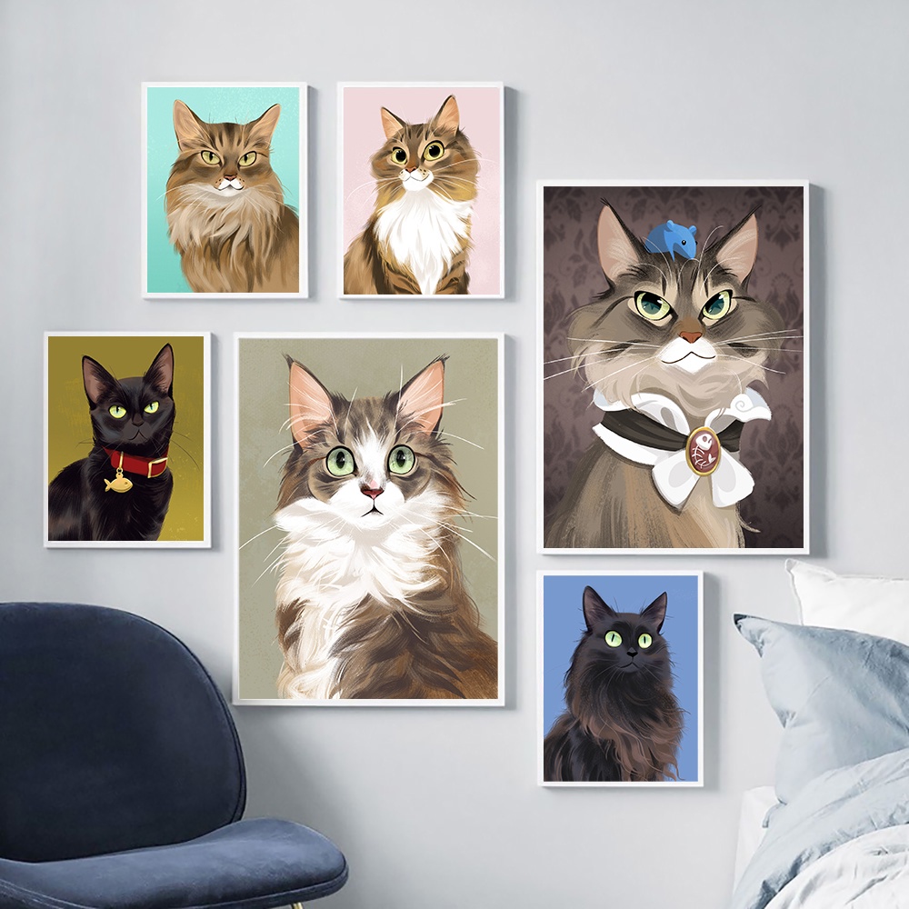 Noridc Cartoon Cute Cat Art Painting on Canvas Long-haired Cats Posters