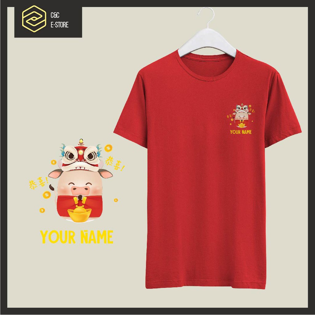 [Pre-order] CNY Family Red 100% Cotton Premium Unisex T-shirt 牛年大吉 新年衣服 小图案 亲子装 家庭装 Ox 2021 Chinese New Year tshirt