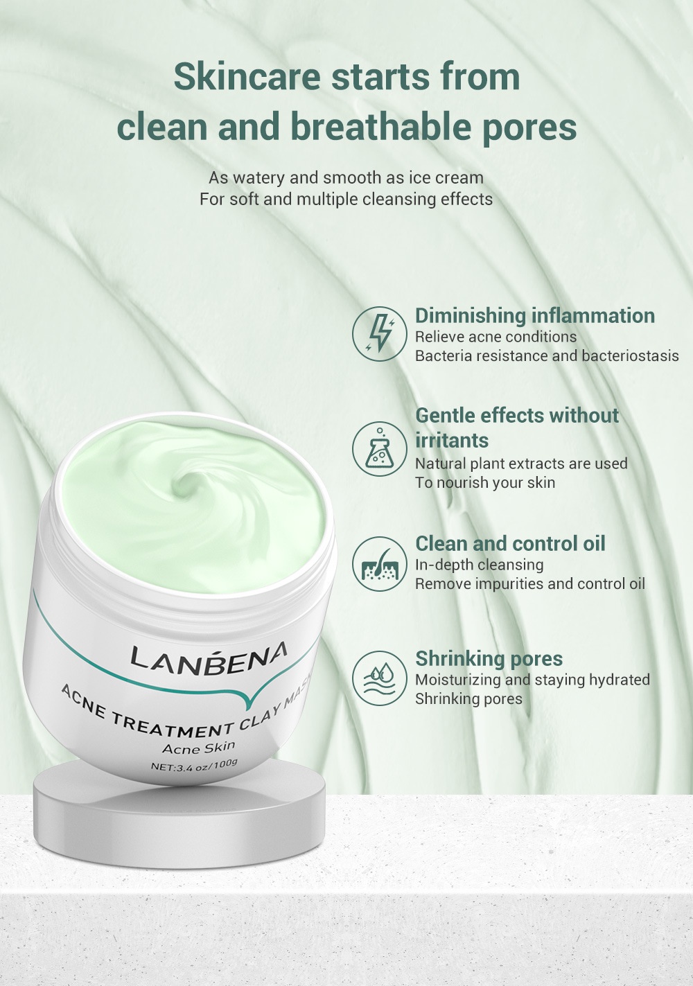 Lanbena Oligopeptide Mask Anti Pores & Acne Clay Mask Moisturizing Oil 