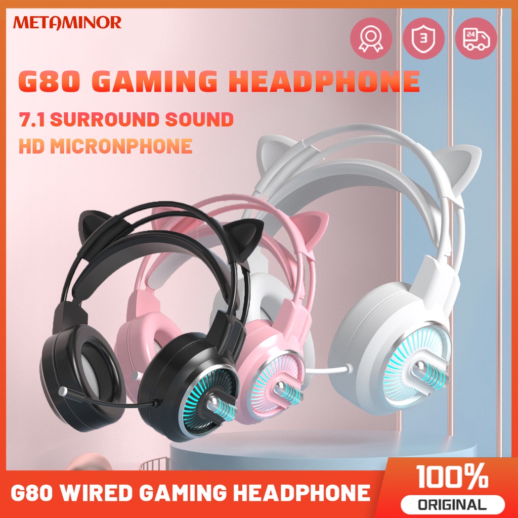 META G80 Gaming Headphones LED Wired Pink Headset Noise Canceling With Microphone For PC Laptop