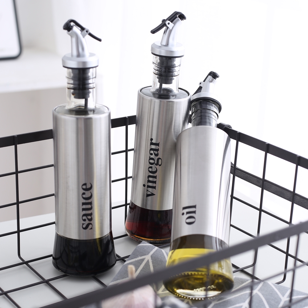 270ml Oil Dispenser Glass Bottle for Cooking Container Spout Oil Dispenser Bottle for Dining Table Set of 2 with Lever Release Pourer Oil and Vinegar Dispensers