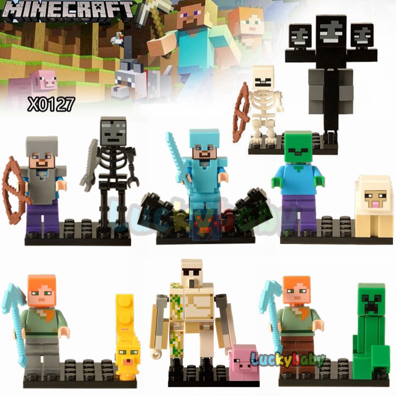 lego compatible minecraft minifigures steve alex skeleton zombie villager pig my world building blocks kids toys