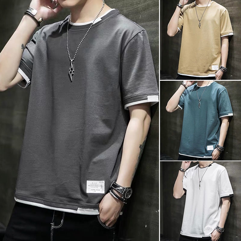men's cotton short-sleeved t-shirt fake two-piece korean clothes couples half-sleeved