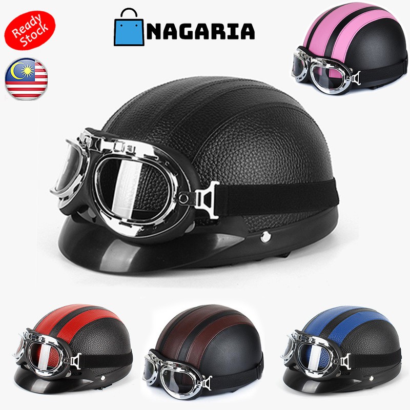 Harley Helmets Motorcycle Topi Keledar motosikal Retro Half Open Face Goggles Visor Biker Moto