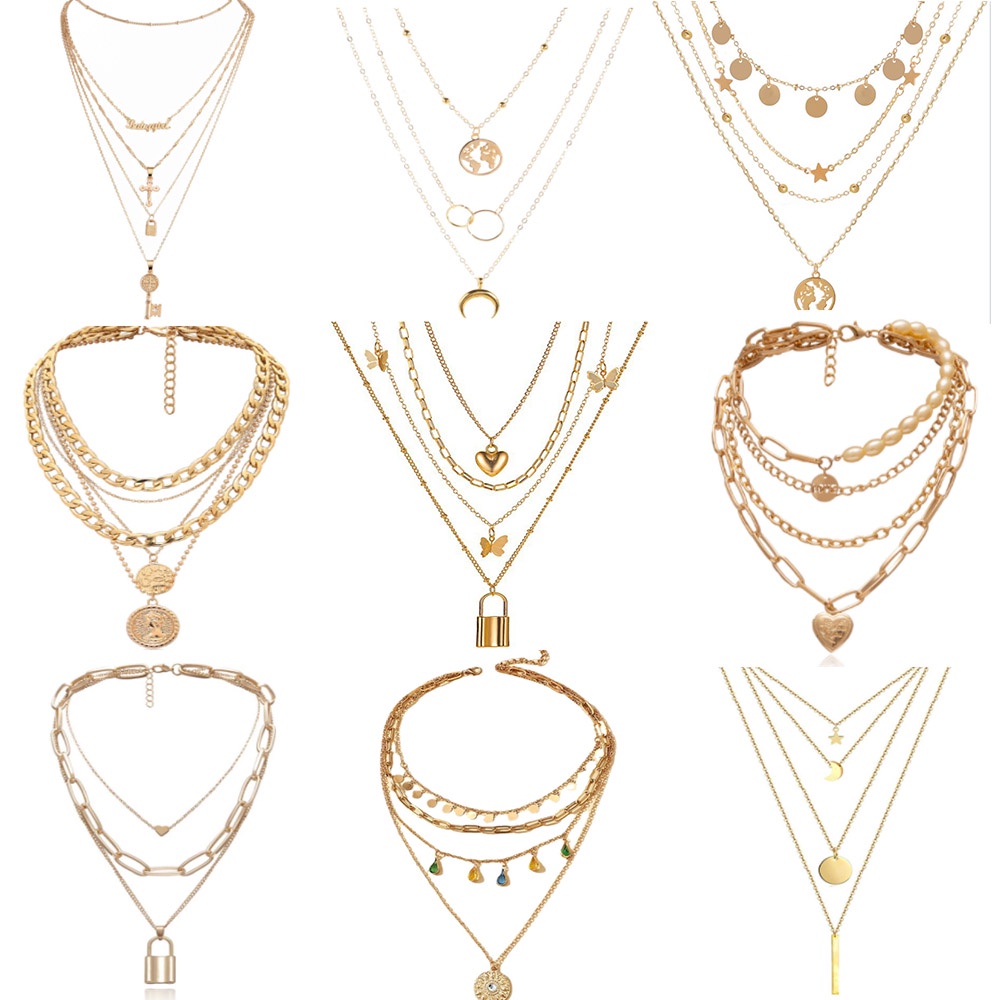 Bohemian Multilayer Moon Star Butterfly Necklace For Women Gold Color Vintage Pendants Geometry Chokers Jewelry Gift