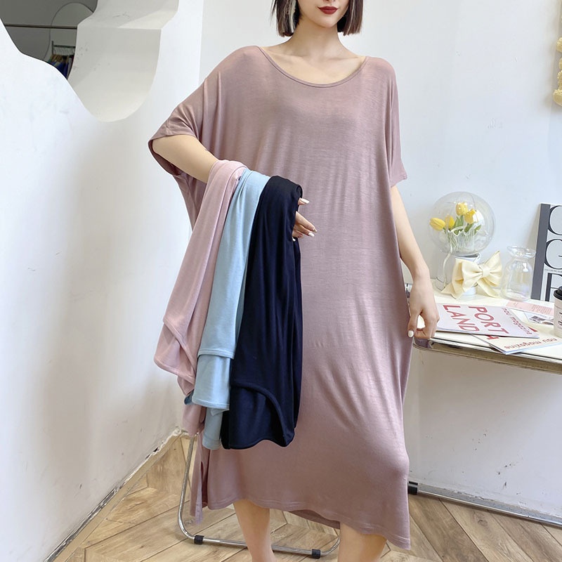 Ready Stock Women Modal Cotton Dress Loose Plus Size Plain Loungewear Comfortable nightdress Casual Summer Sleepwear woman dress 40-110kg