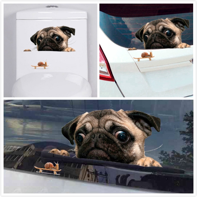 New Funny 3D Pug Dog Watching Snail Back Car Window Decal Cute Pet Puppy Sticker