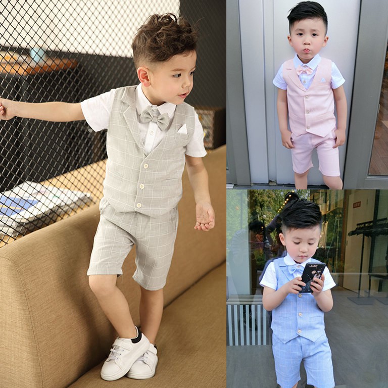 Ready Stock 4Pcs Boys Plaid Formal Suit Short Sleeve Shirt Vest Shorts Set Toddler Infant Blue Gray Pink Khaki Gentlemen Outfit Birthday Wedding Party Attire Kids Tuxedo Suits 2-13