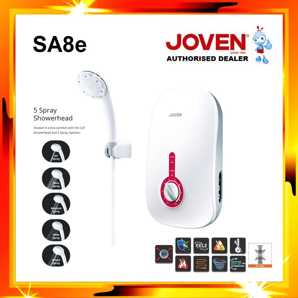 JOVEN SA8e Instant Water Heater (No Pump) with 5 Spray Shower Head